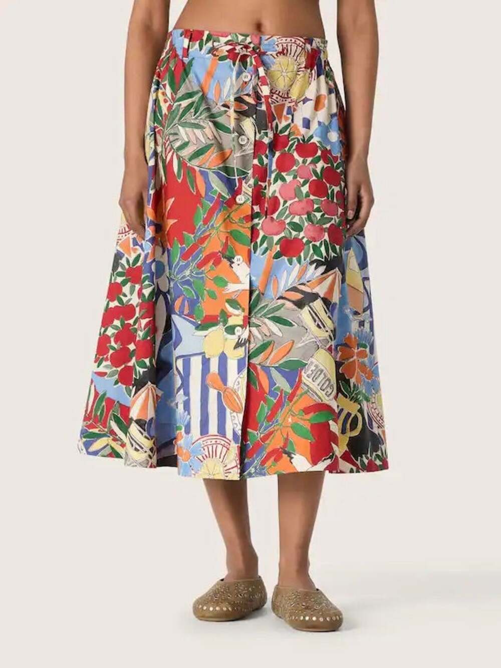 NWT Golden Goose Blue Red Multicolor Printed Cotton Midi Skirt Womens XS